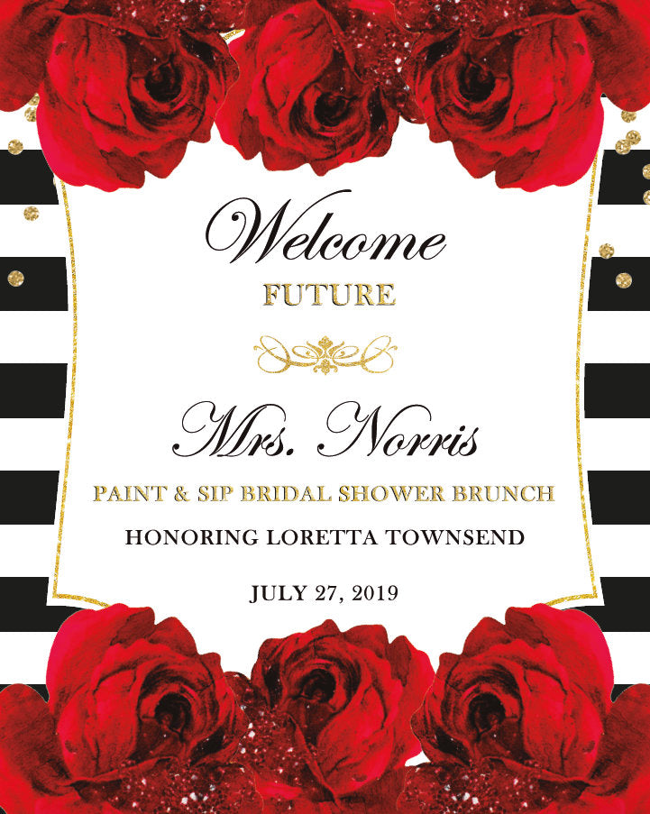 Bridal Shower Welcome Sign, Kentucky Derby Decorations, Black and White Stripes, Red Roses, Printed , Free Shipping SWBS012