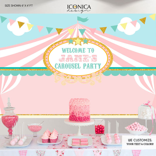 Carousel Party Banner Carnival Banner Girl Pink Circus Party Backdrop Circus First Birthday Banner Pink Gold Mint Bbd0013