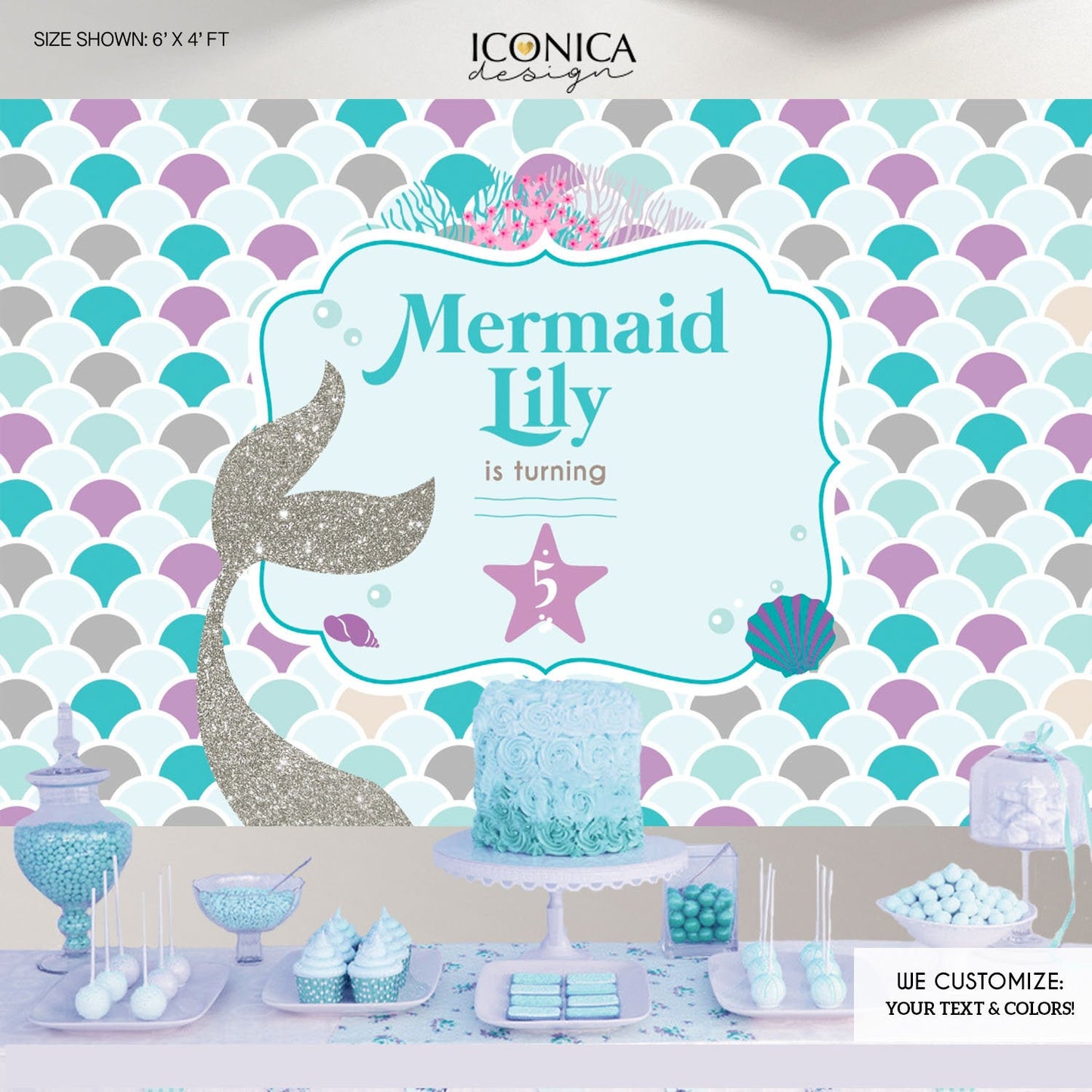 Mermaid Party Backdrop, Under The Sea Party, Mermaid Banner, Any Age, Silver Purple And Blue Mermaid Party , Printed Or Printable BBD0065