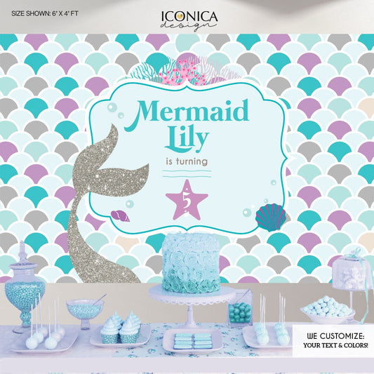 Mermaid Party Backdrop, Under The Sea Party, Mermaid Banner, Any Age, Silver Purple And Blue Mermaid Party , Printed Or Printable BBD0065