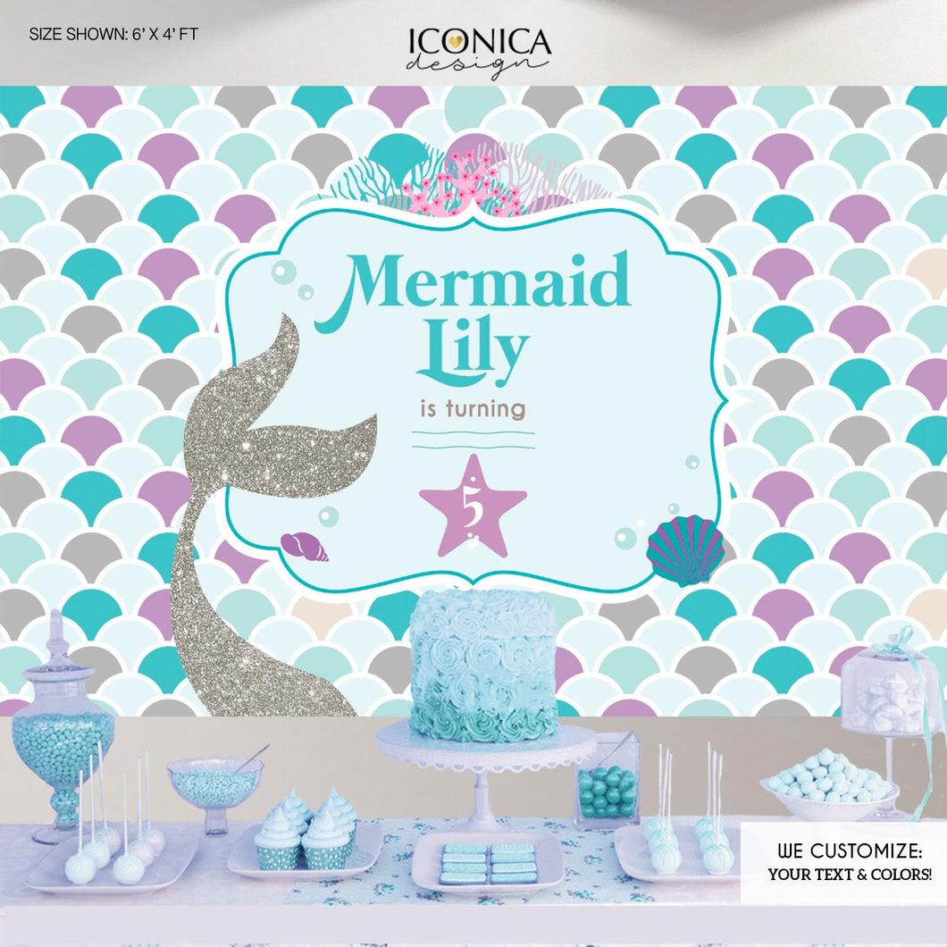 Mermaid Party Backdrop, Under The Sea Party, Mermaid Banner, Any Age, Silver Purple And Blue Mermaid Party , Printed Or Printable BBD0065