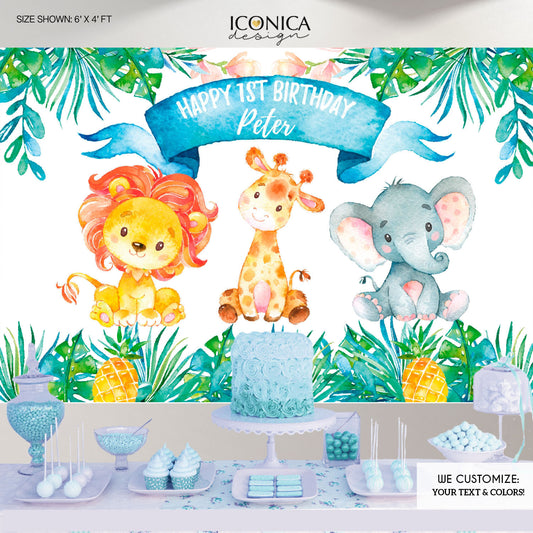 Safari Backdrop, Party Animals Backdrop,Personalized Safari Banner Jungle Animals Backdrop Watercolor Animals Banner Printed-Digital BBD0089