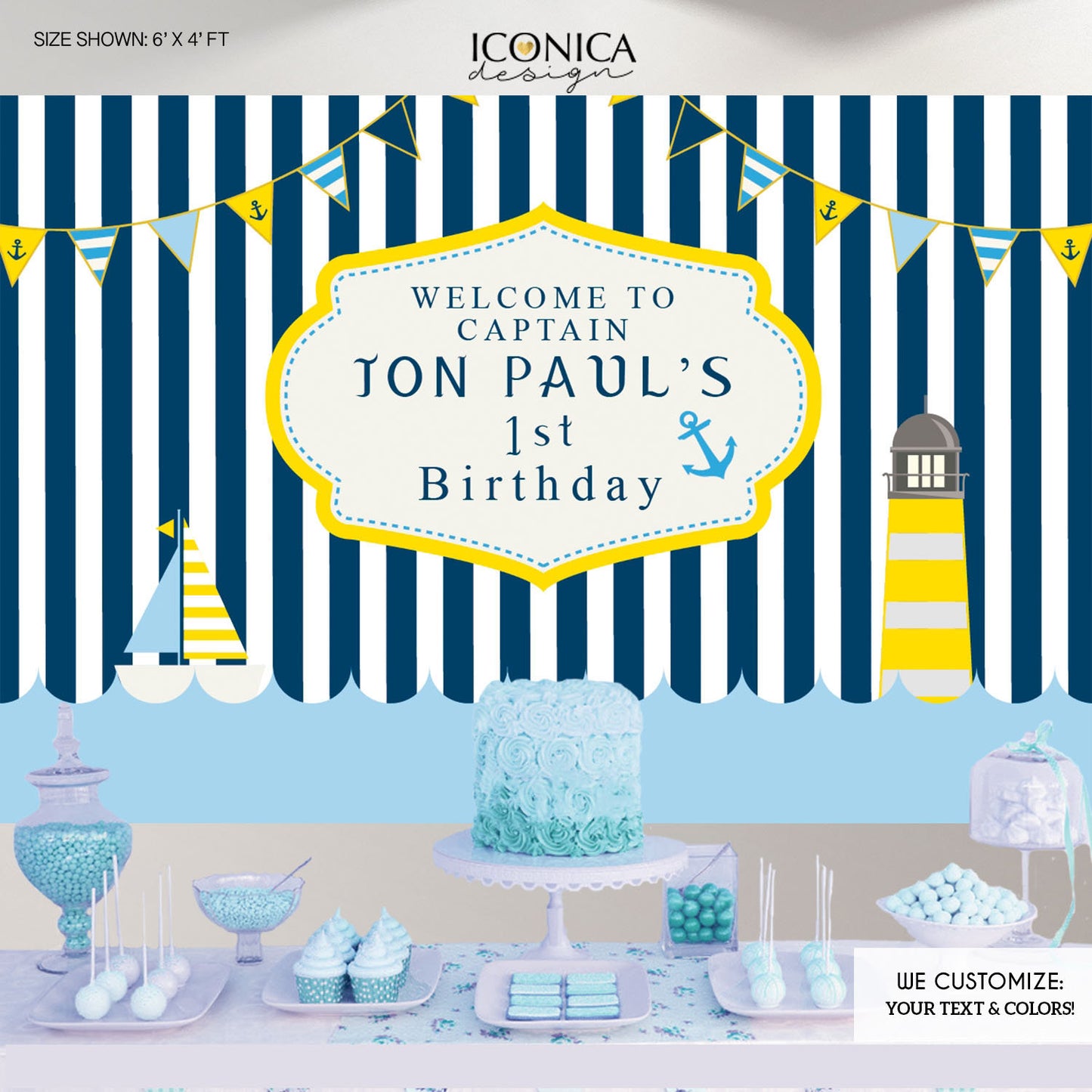 Nautical First Birthday Party Backdrop || Blue And Yellow Any Age Any Colors Banner Little Sailor Banner Printed BBD0009