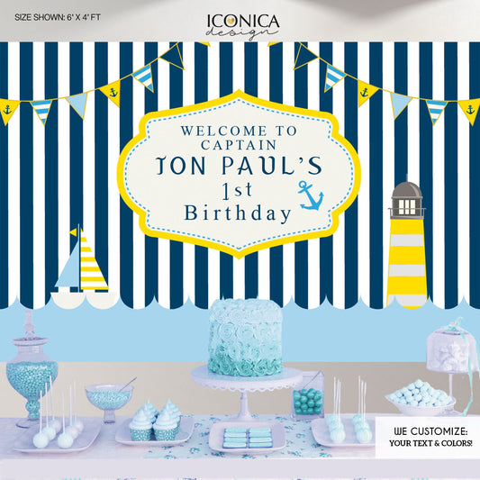 Nautical First Birthday Party Backdrop || Blue And Yellow Any Age Any Colors Banner Little Sailor Banner Printed BBD0009