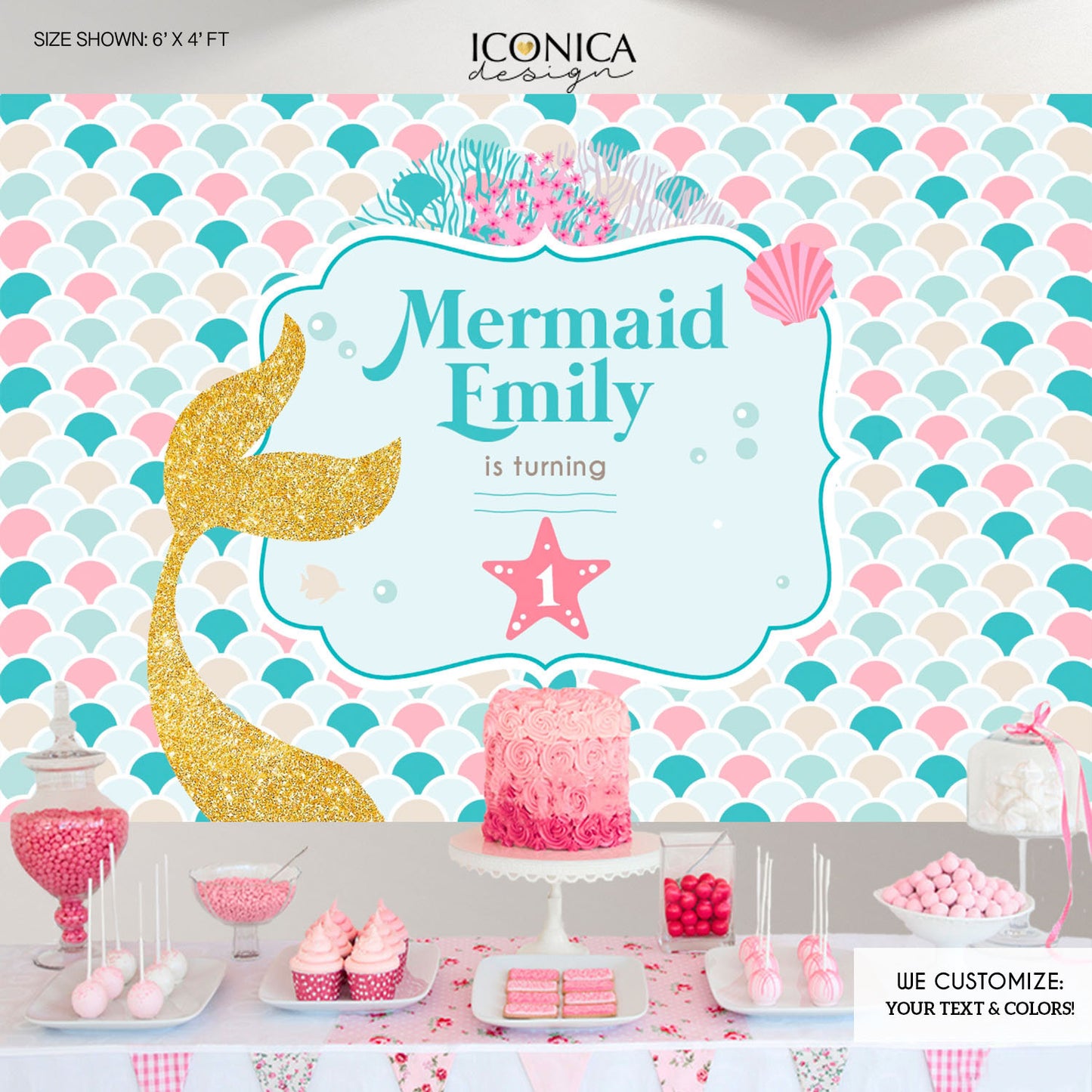 Mermaid Party Backdrop, Under The Sea Party, Mermaid Banner, Any Age, Any Colors, Pink And Blue, Gold Glitter, Printed Or Printable Bbd0031