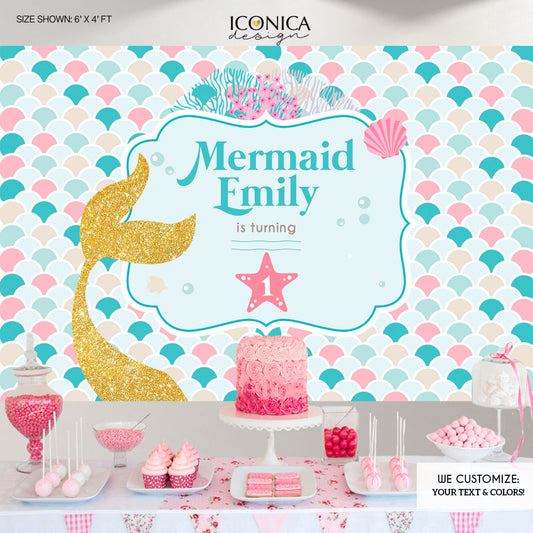Mermaid Party Backdrop, Under The Sea Party, Mermaid Banner, Any Age, Any Colors, Pink And Blue, Gold Glitter, Printed Or Printable Bbd0031