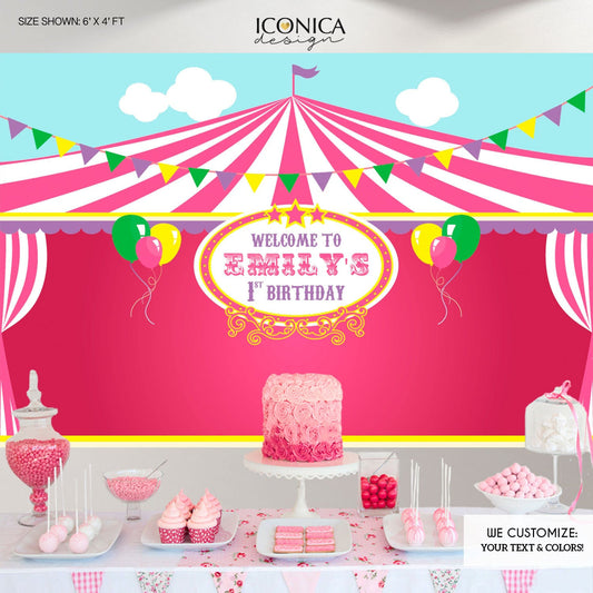 Girl Carnival First Birthday Party Banner - Girl Circus Party Backdrop - Bright Colors - Pink Circus Party Printed Bbd0006