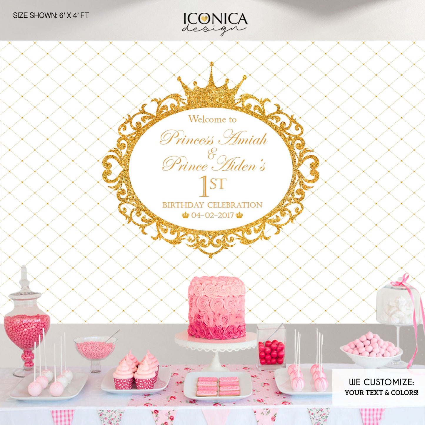 Princess Birthday Party Backdrop, Royal party Backdrop, White and Gold Party Banner, Printed or Printable File, Free Shipping BBD0128