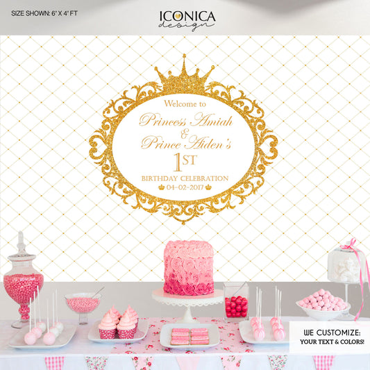 Princess Birthday Party Backdrop, Royal party Backdrop, White and Gold Party Banner, Printed or Printable File, Free Shipping BBD0128