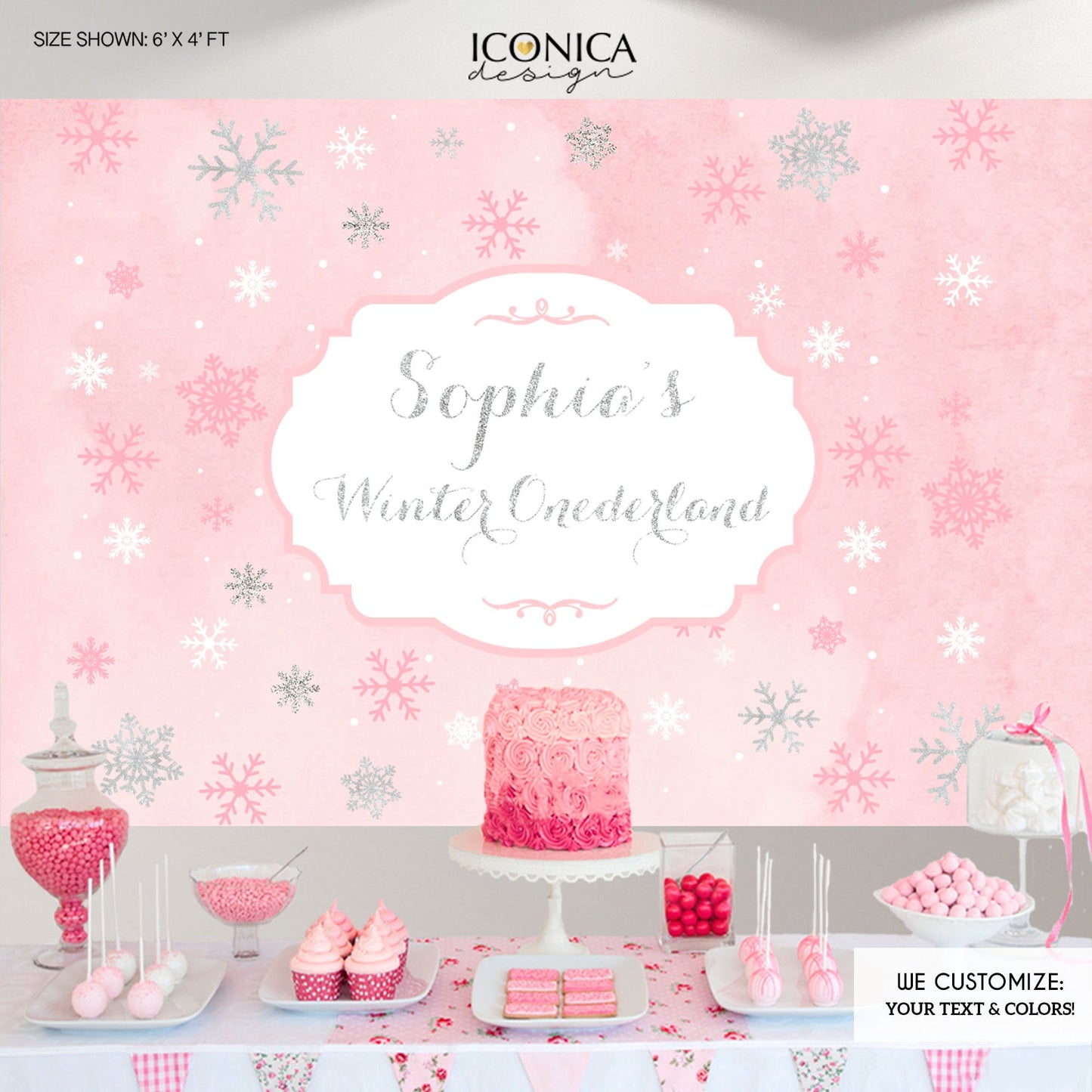 Winter ONEderland Pink Wonderland Silver Glitter Party Backdrop, Birthday Party, Any type of Event, Snowflakes, BBD0099