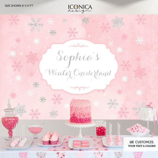 Winter ONEderland Pink Wonderland Silver Glitter Party Backdrop, Birthday Party, Any type of Event, Snowflakes, BBD0099