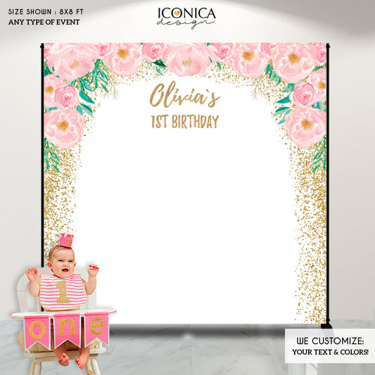 Floral Pink and Gold Photo Booth Backdrop,Custom Step And Repeat,First Birthday Party Backdrop,pink peonies ,Printed BBD0091