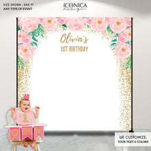 Load image into Gallery viewer, Floral Pink and Gold Photo Booth Backdrop,Custom Step And Repeat,First Birthday Party Backdrop,pink peonies ,Printed BBD0091
