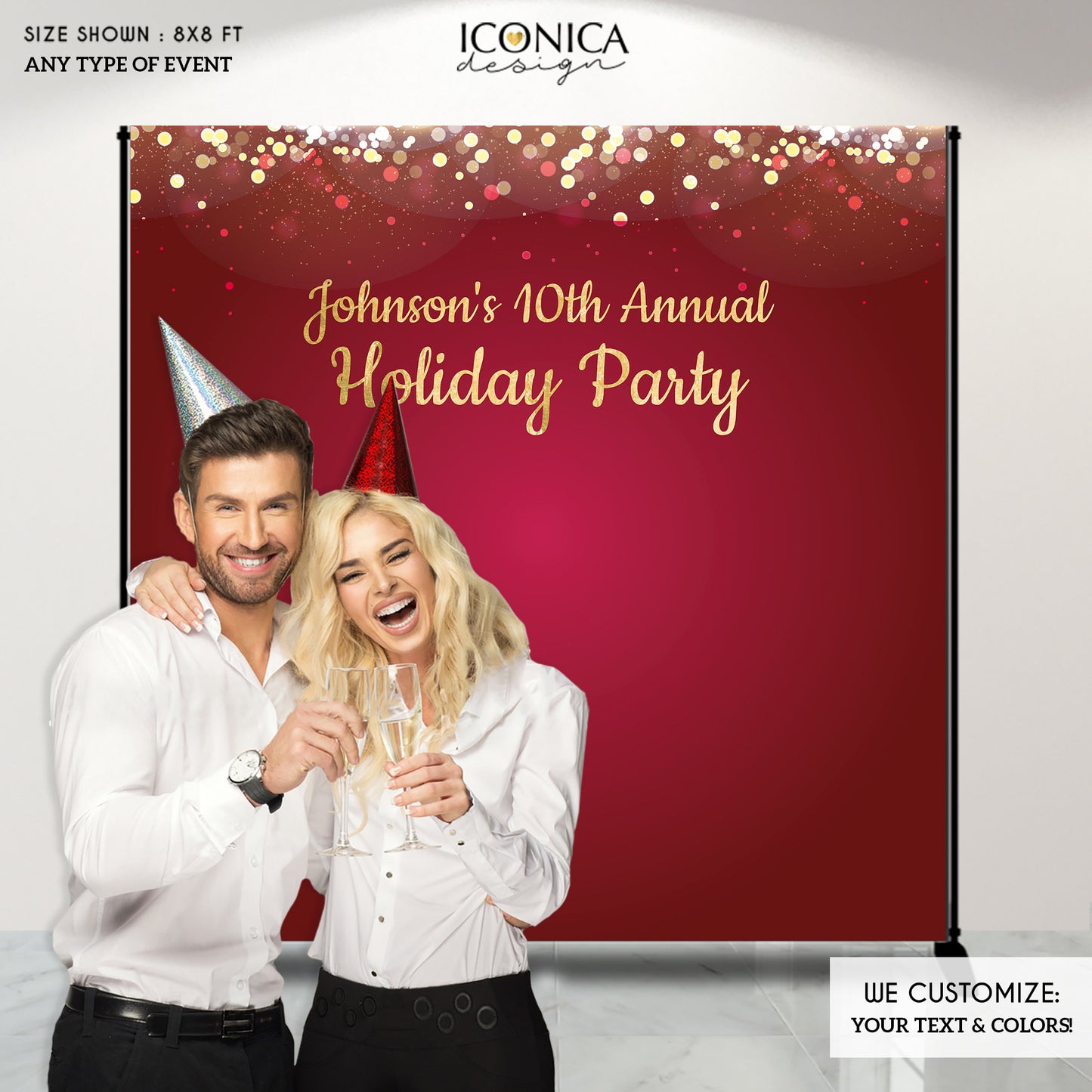 Holiday Party Backdrop,Red Gold Silver Sparkles,Happy Holidays Banner, Any type of Event, Printed BHO0028