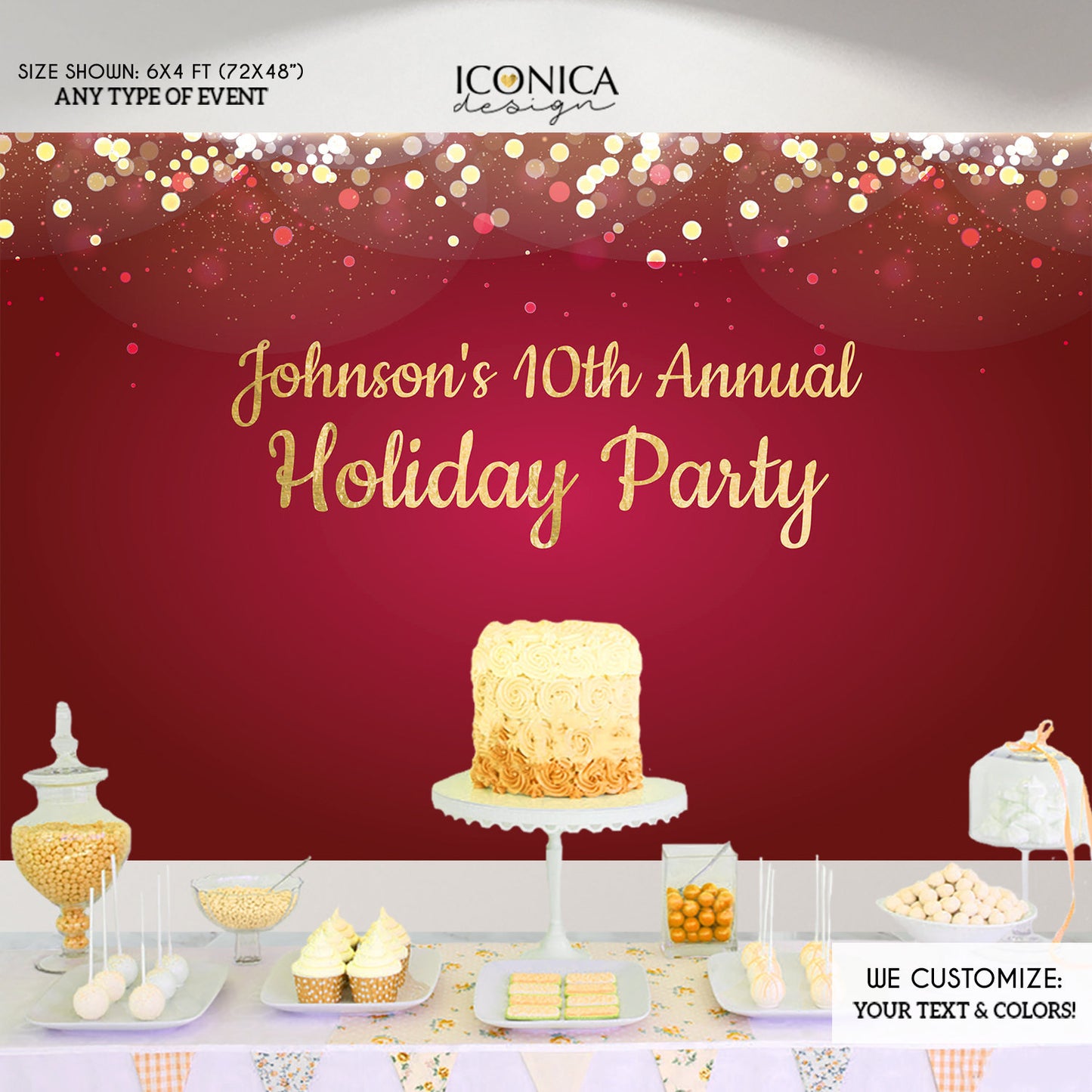 Holiday Party Backdrop,Red Gold Silver Sparkles,Happy Holidays Banner, Any type of Event, Printed BHO0028