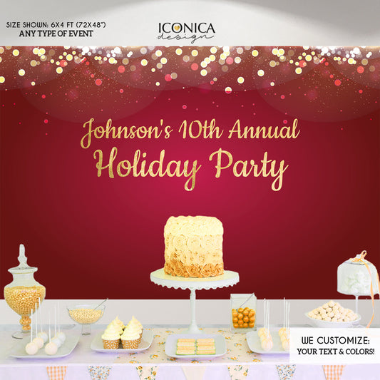 Holiday Party Backdrop,Red Gold Silver Sparkles,Happy Holidays Banner, Any type of Event, Printed BHO0028