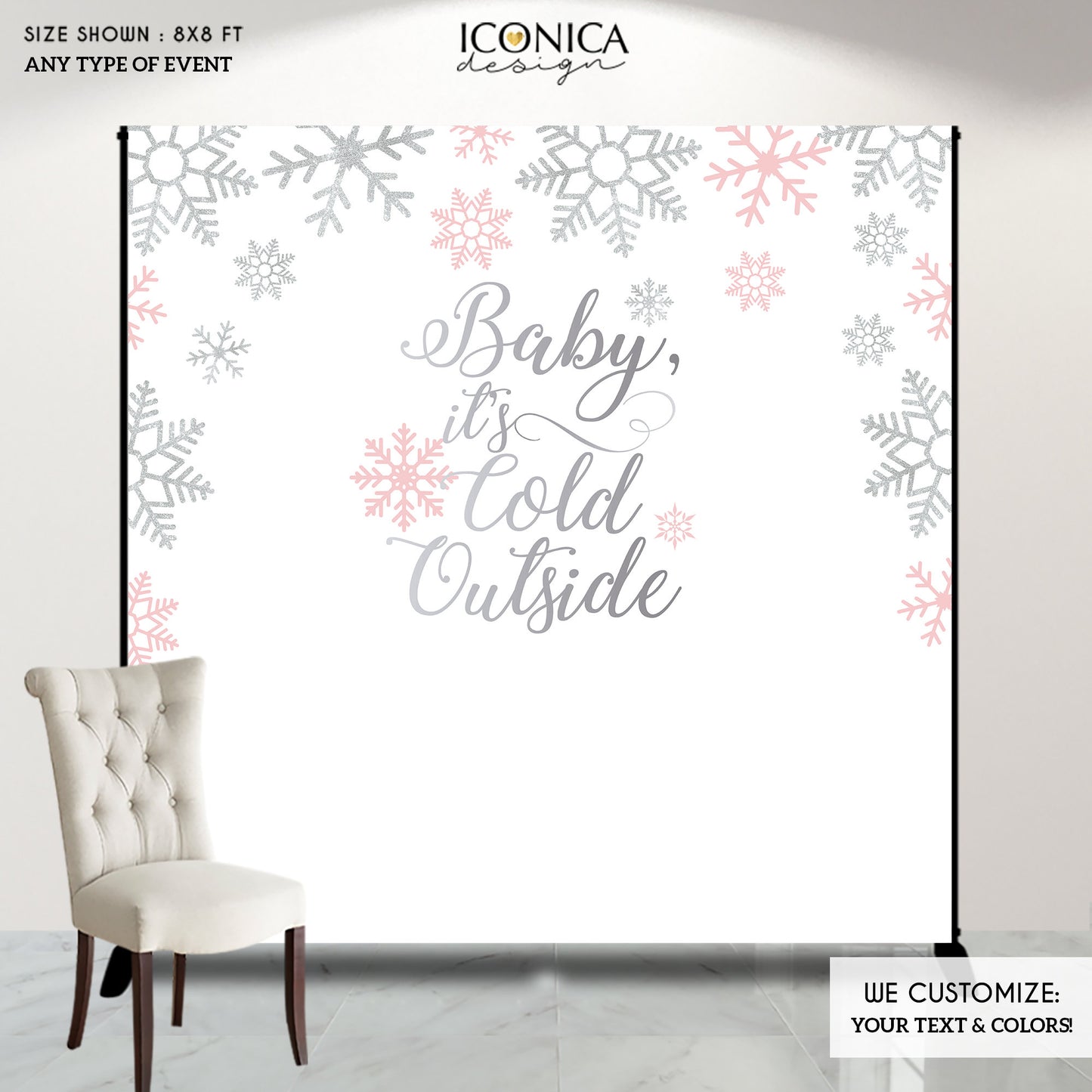 Winter wonderland backdrop,Baby it's cold outside Backdrop, Pink and Silver Christmas Party,Pink winter backdrop,Pink snowflakes BHO0025