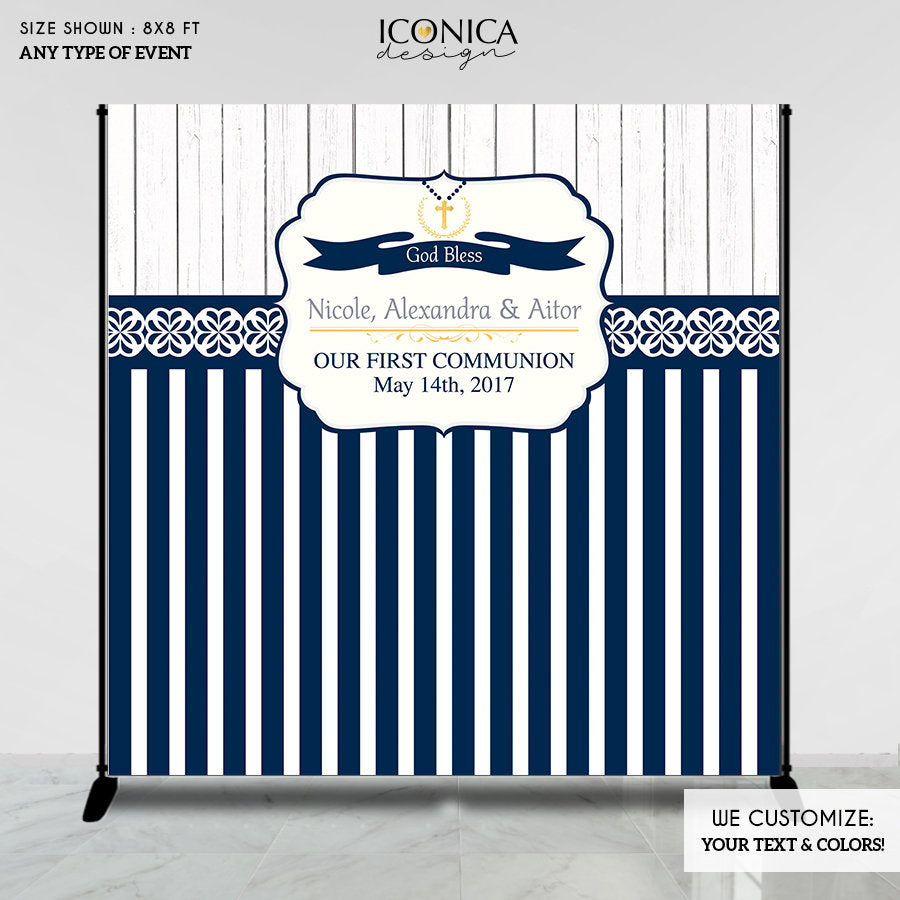 First Communion Backdrop, Rustic Backdrop, Navy Blue First Communion Photo Backdrop, Printed BFC0008