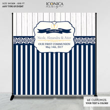 Load image into Gallery viewer, First Communion Backdrop, Rustic Backdrop, Navy Blue First Communion Photo Backdrop, Printed BFC0008
