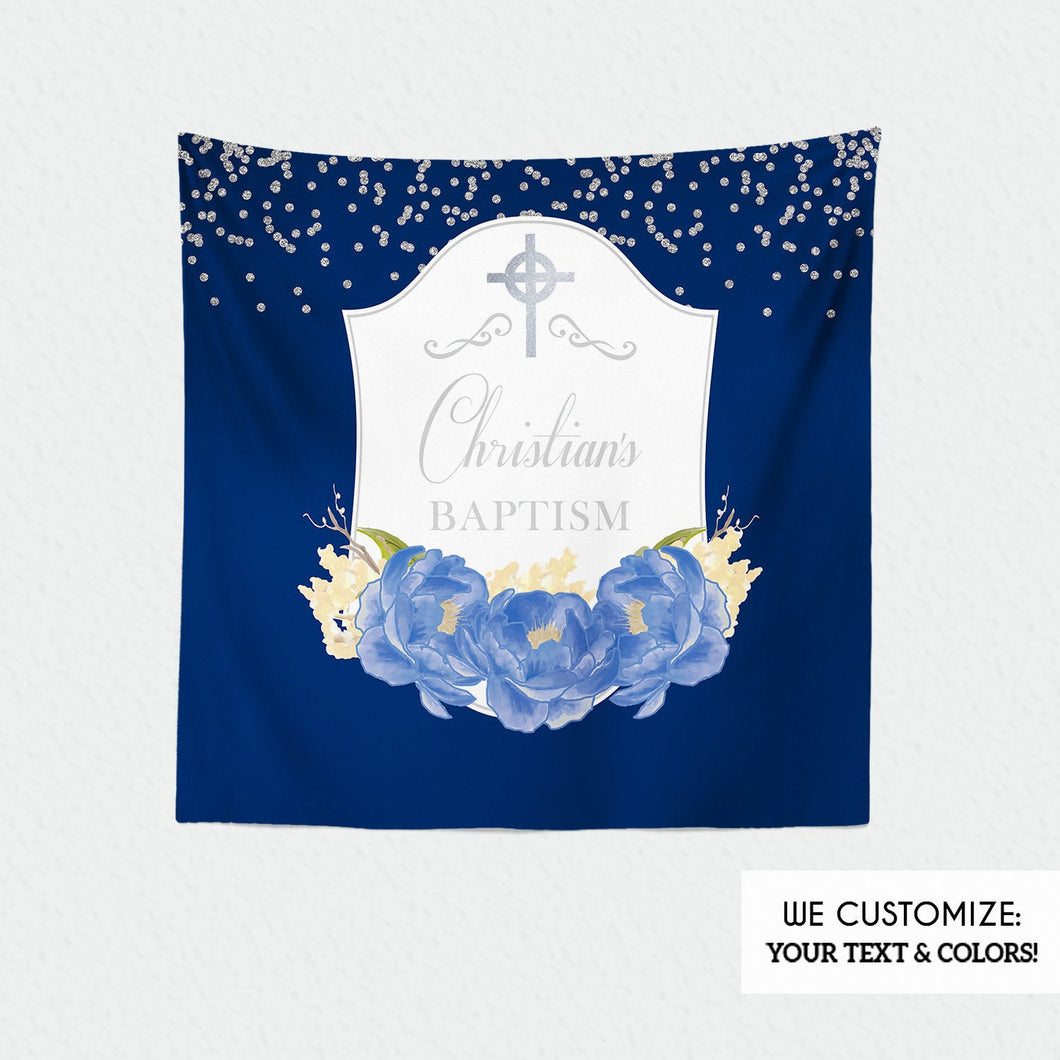 Baptism Party Backdrop, First Communion Banner, Floral Banner Blue Peonies, Religious Banner Printed Free Shipping BAR0003