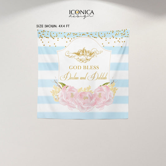 Baptism Party Backdrop, First Communion Banner, Floral Banner Pink Peonies Striped Banner, Angels, Banner, Printed Bfc0004