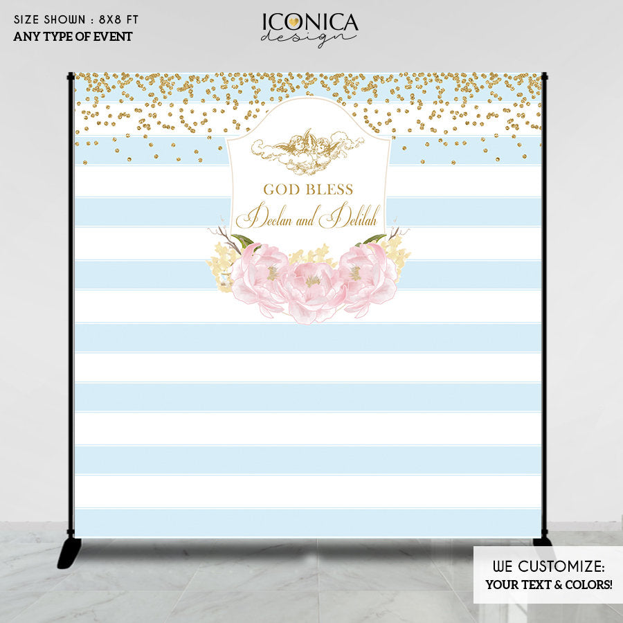 First Communion Party Backdrop,Striped Floral Banner,Pink Peonies Baptism Banner Angels Printed Free Shipping BFC0004