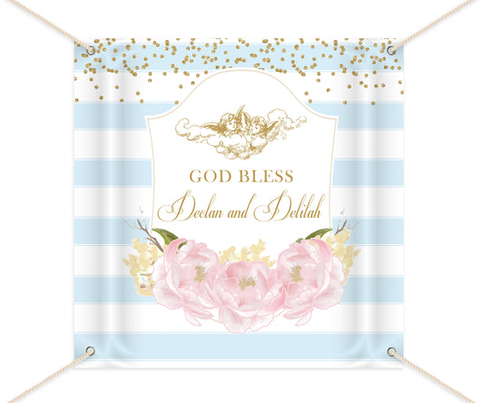 First Communion Party Backdrop,Striped Floral Banner,Pink Peonies Baptism Banner Angels Printed Free Shipping BFC0004