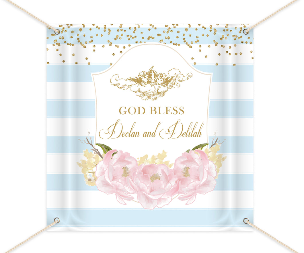 First Communion Party Backdrop,Striped Floral Banner,Pink Peonies Baptism Banner Angels Printed Free Shipping BFC0004