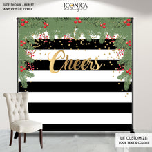 Load image into Gallery viewer, Christmas Photo Booth Backdrop, Christmas Party backdrop, CHEERS Festive Backdrop, Striped Holiday Banner, Printed BHO0012
