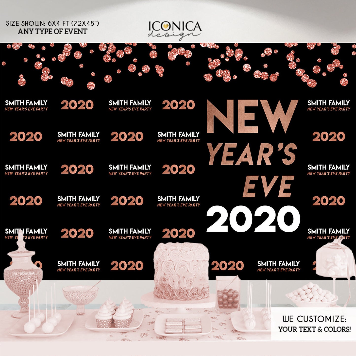 NYE PARTY New Year's Eve party Photo Booth Backdrop, Black and Faux Gold Rose backdrop, any type of event, Printed or Printable File BHO0027