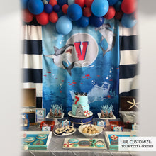 Load image into Gallery viewer, Shark Party Backdrop, Shark Party Decor, Under The Sea Banner,Nautical Party Backdrop,Ocean,Sailor Party,Its a Boy Decorations
