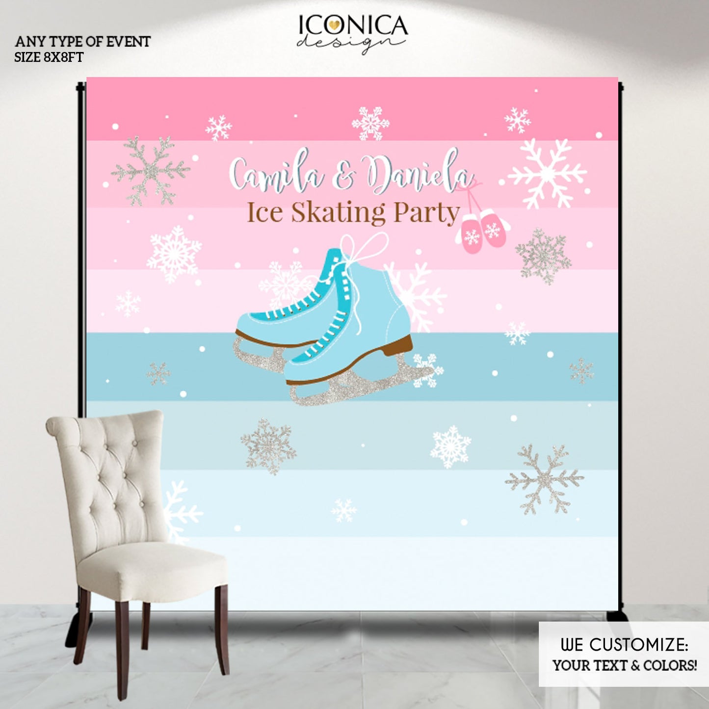 Ice Skating Party Backdrop,Winter Wonderland Custom Photo Backdrop,Let's Skate Party Decor