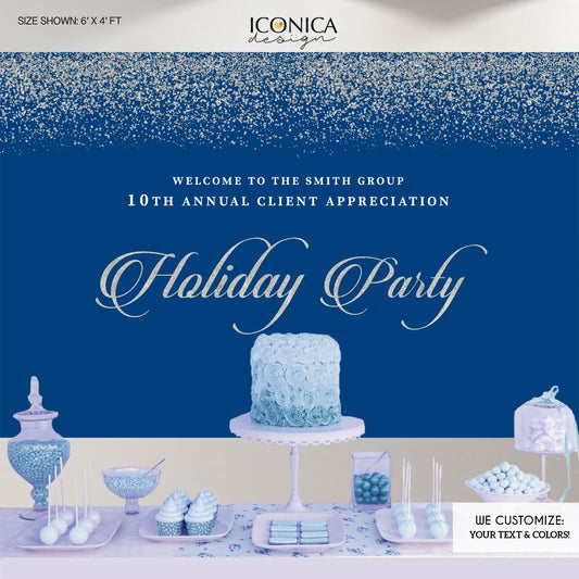 Holiday Party Backdrop, Blue and Silver Sparkles, Blue Christmas Party Banner, Any type of Event, Printed