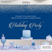 Load image into Gallery viewer, Holiday Party Backdrop, Blue and Silver Sparkles, Blue Christmas Party Banner, Any type of Event, Printed
