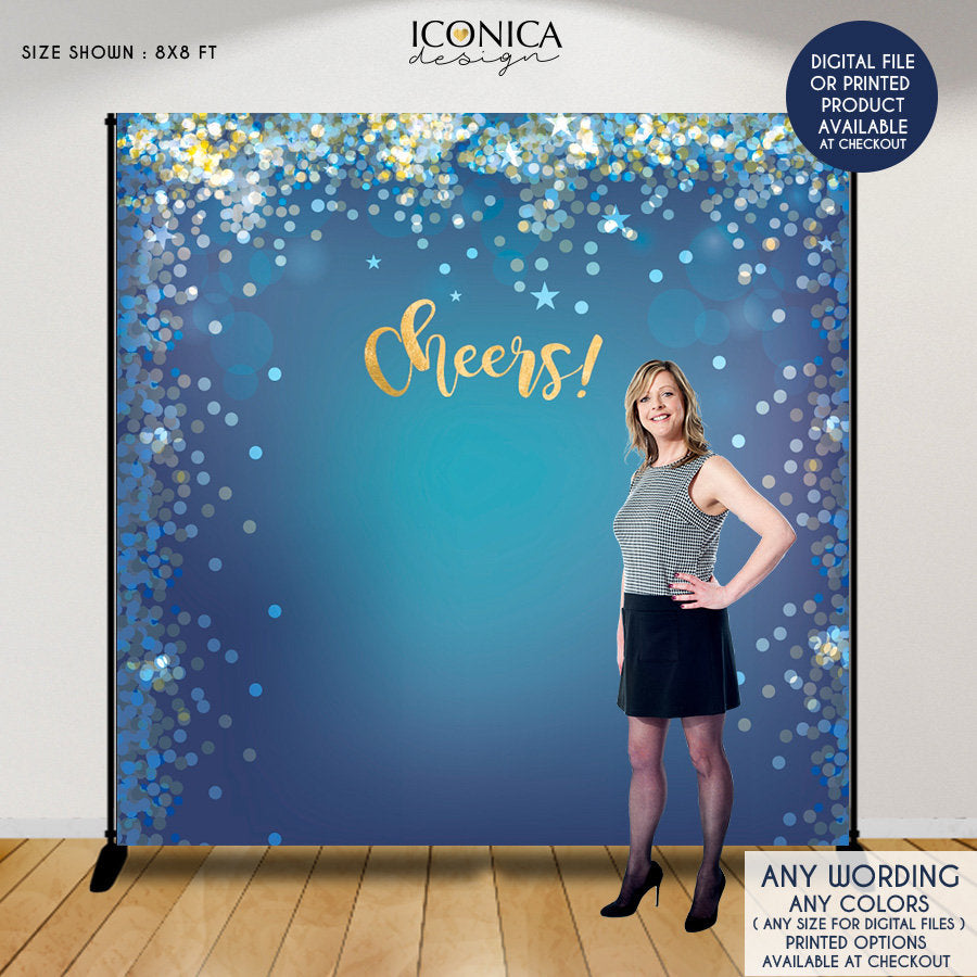 Holiday Party Backdrop Blue Gold Silver Sparkles  Happy New Year Party Banner Any type of Event Printed BHO0002