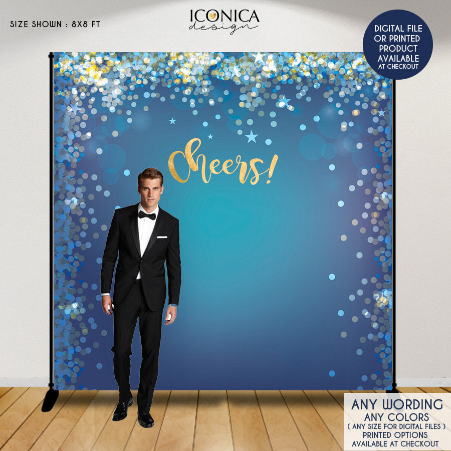 Holiday Party Backdrop Blue Gold Silver Sparkles  Happy New Year Party Banner Any type of Event Printed BHO0002