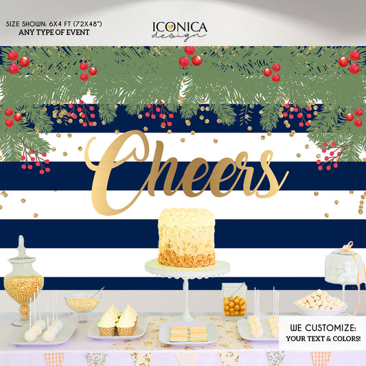 Christmas Photo Booth Backdrop, Christmas Party backdrop, CHEERS Festive Backdrop, Striped Holiday Banner, Printed BHO0014