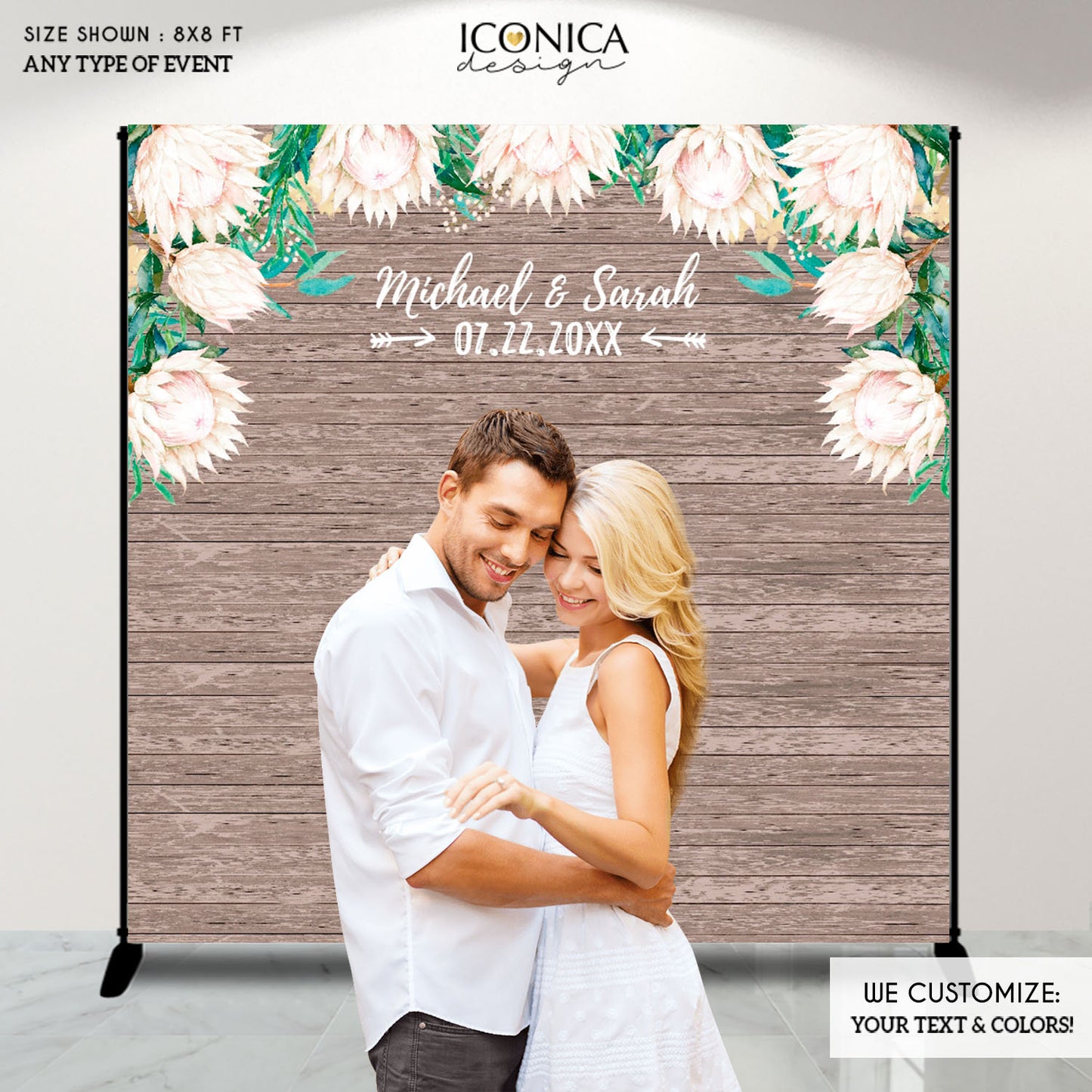 Floral Engagement Party Backdrop, Rustic Floral Photo Booth Backdrop, White Protea watercolor Flowers, Printed Or Printable BEN0005