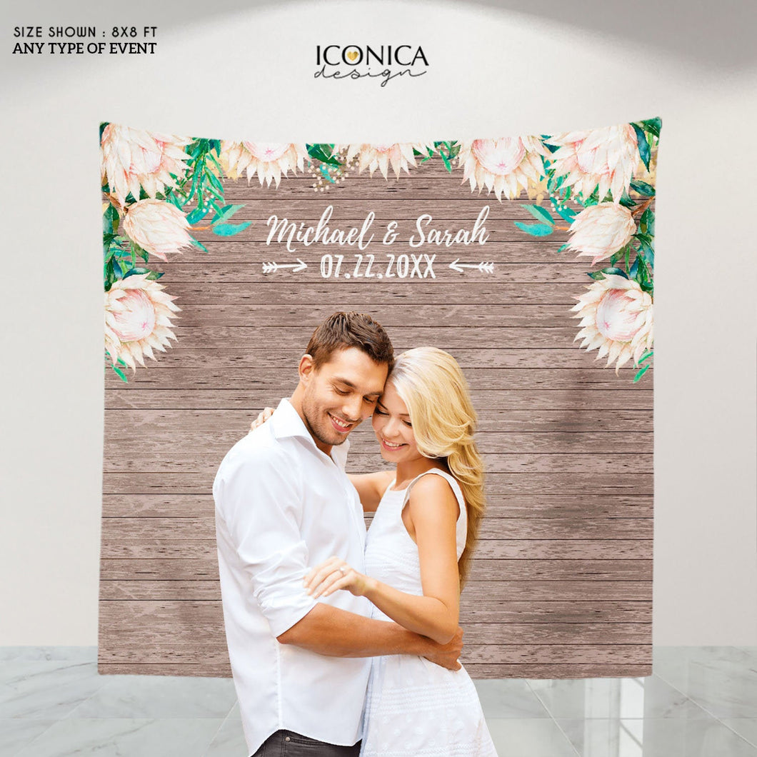Floral Engagement Party Backdrop, Rustic Floral Photo Booth Backdrop, White Protea watercolor Flowers, Printed Or Printable BEN0005
