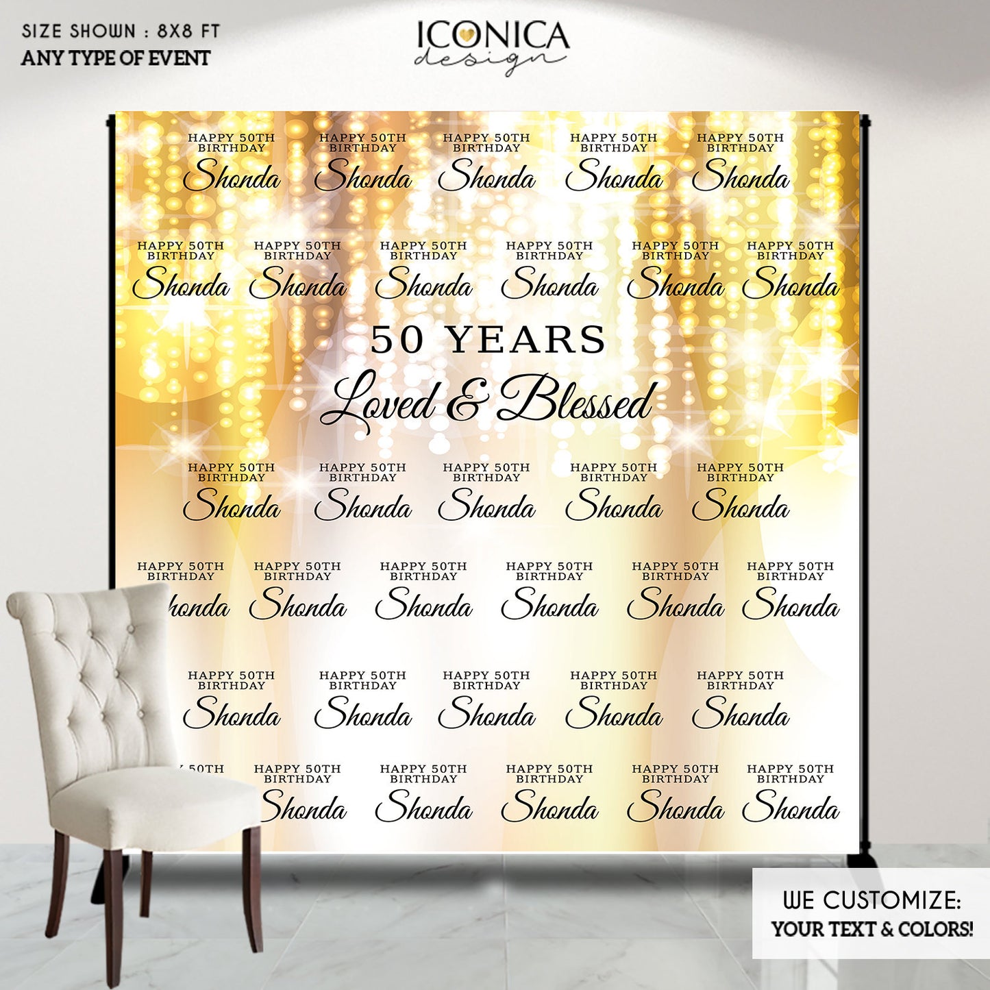 50th Birthday Backdrop, Photo Booth Party Backdrop, Step And Repeat, Milestone Birthday Backdrop ,  Red Carpet Banner, 50 and Fabulous, 50 Years, Gold Backdrop, BBD0075