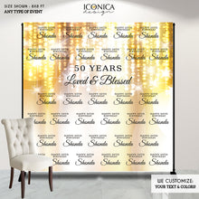 Load image into Gallery viewer, 50th Birthday Backdrop, Photo Booth Party Backdrop, Step And Repeat, Milestone Birthday Backdrop ,  Red Carpet Banner, 50 and Fabulous, 50 Years, Gold Backdrop, BBD0075
