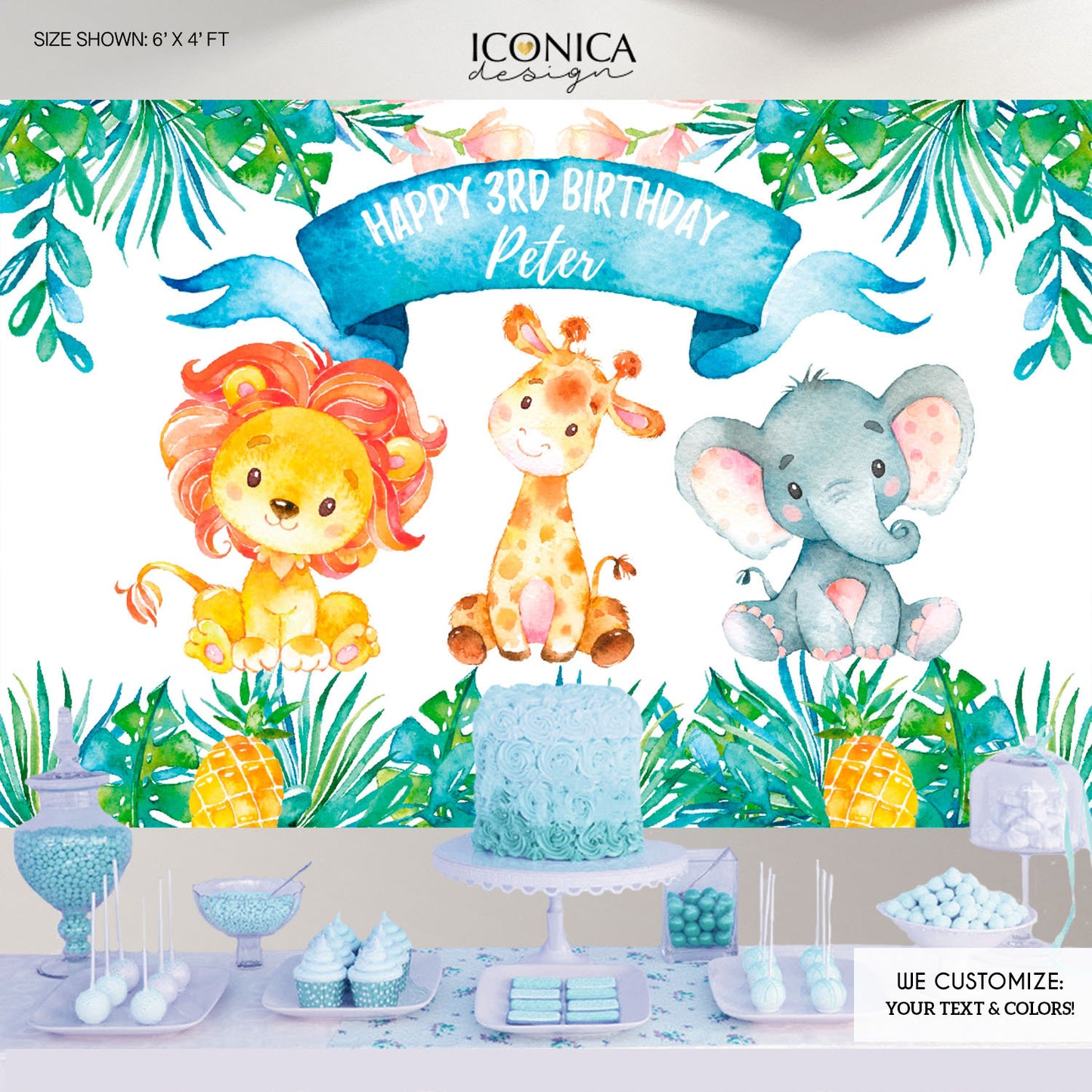 Safari Backdrop, Party Animals Backdrop,Personalized Safari Banner Jungle Animals Backdrop Watercolor Animals Banner Printed-Digital BBD0089