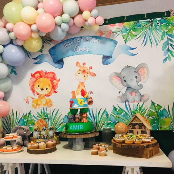Safari Backdrop, Party Animals Backdrop,Personalized Safari Banner Jungle Animals Backdrop Watercolor Animals Banner Printed-Digital BBD0089