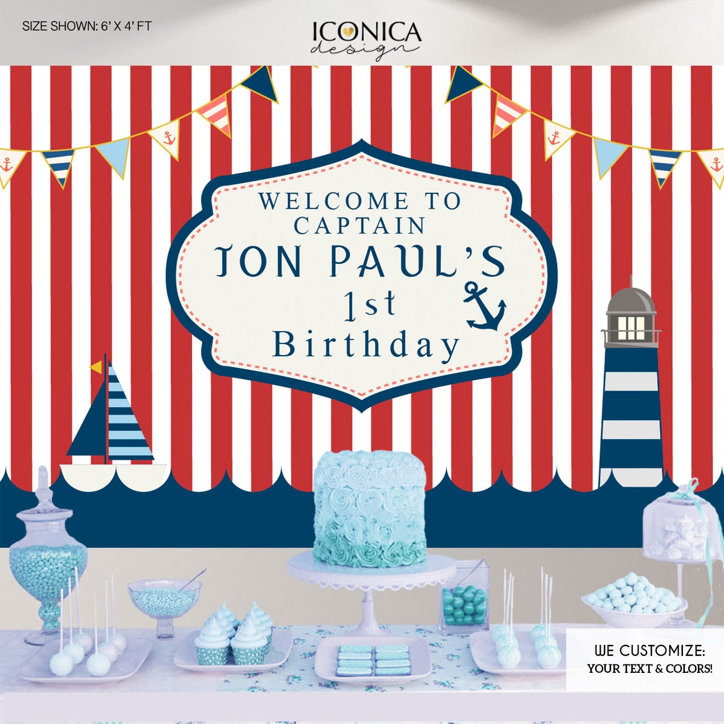 Nautical Backdrop,Nautical First birthday banner, Any Age Little Sailor Banner Blue And Red Stripes Printed BBD0135