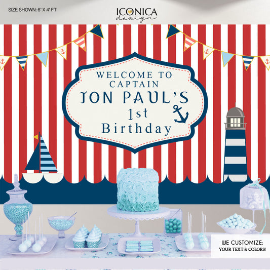 Nautical Backdrop,Nautical First birthday banner, Any Age Little Sailor Banner Blue And Red Stripes Printed BBD0135