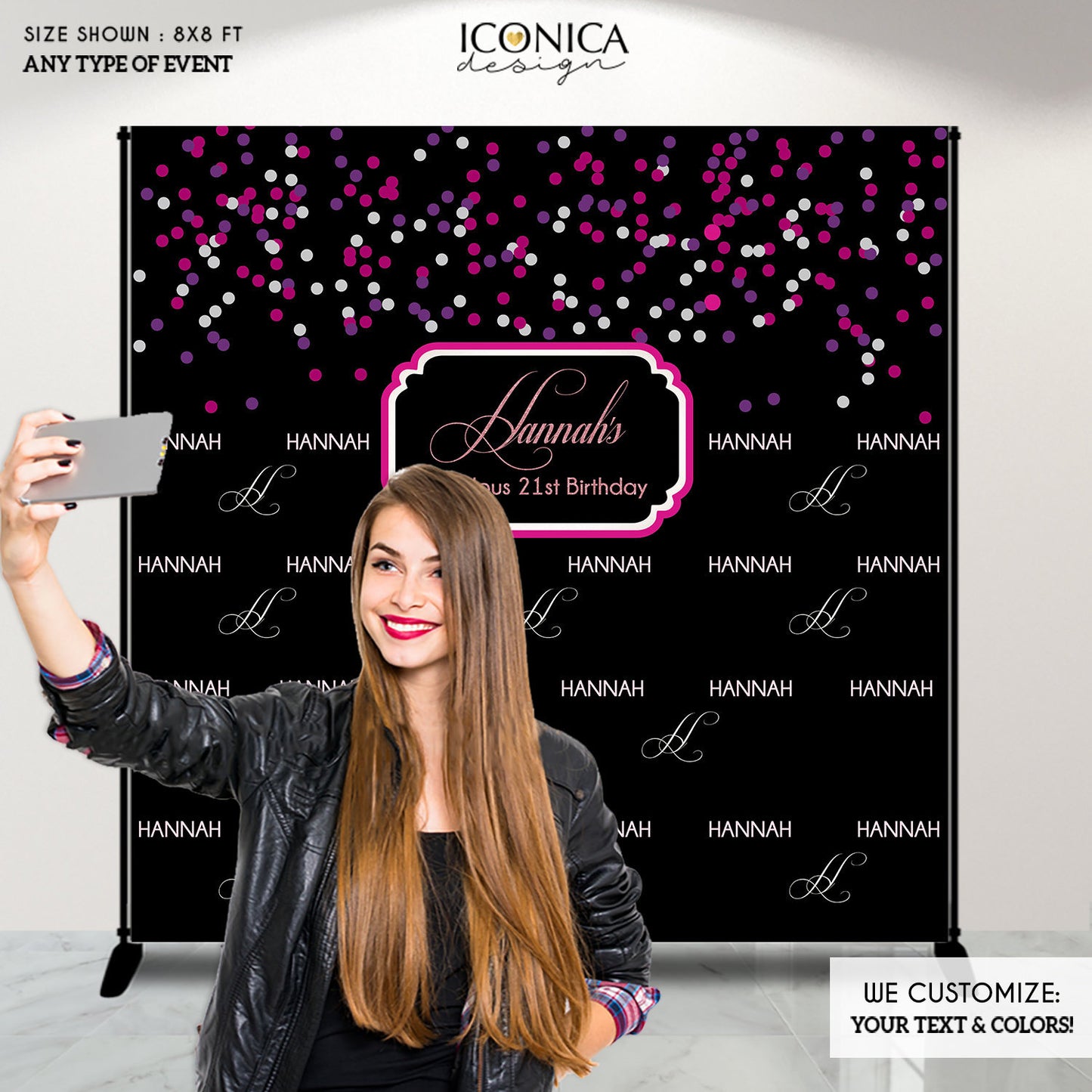 Birthday Photo Booth Backdrop Purple And Pink Confetti Step And Repeat Backdrop Red Carpet 21st Birthday Printed Bbd0040