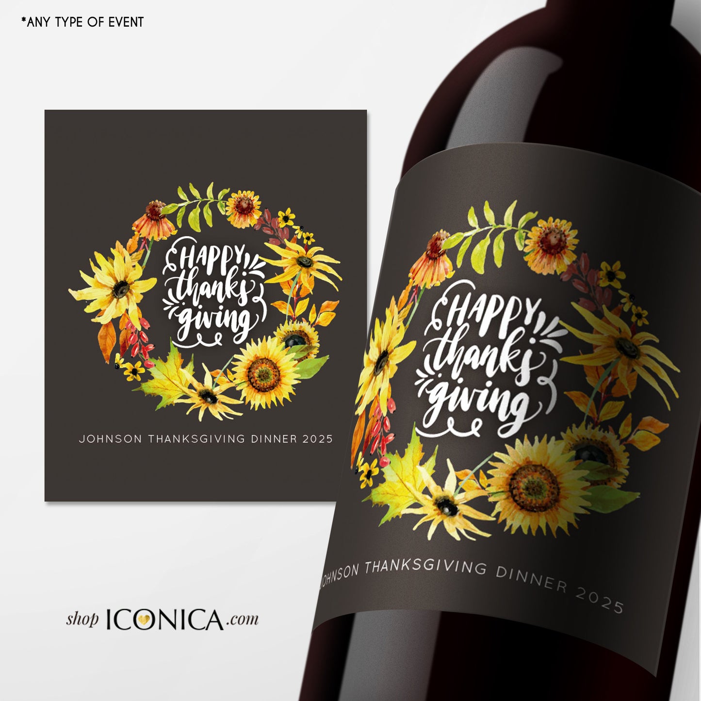 Thanksgiving Labels,Personalized Fall Party Labels,Sunflower Bottle Labels,Thanksgiving Feast beer or wine labels,Adult Party Favors