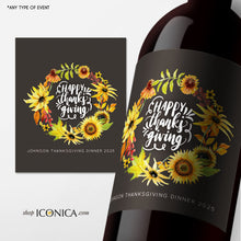 Load image into Gallery viewer, Thanksgiving Labels,Personalized Fall Party Labels,Sunflower Bottle Labels,Thanksgiving Feast beer or wine labels,Adult Party Favors
