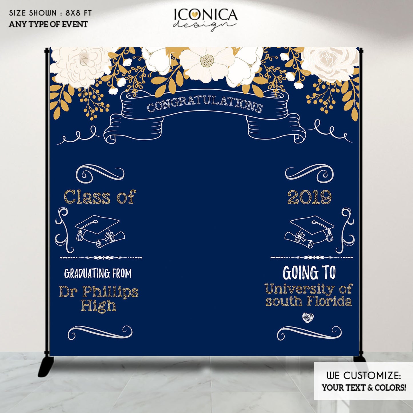 Graduation Party Photo Booth Backdrop, Floral Graduation Step and Repeat Backdrop, Congrats Grad, Banner Printed