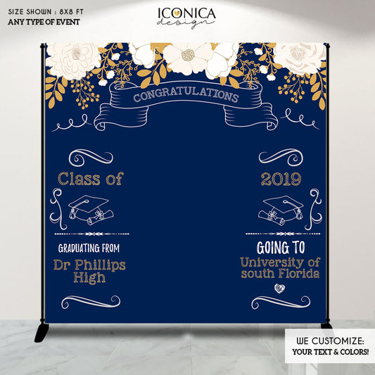 Graduation Party Photo Booth Backdrop, Floral Graduation Step and Repeat Backdrop, Congrats Grad, Banner Printed